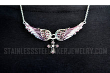 Load image into Gallery viewer, Heavy Metal Jewelry Ladies Purple Bling Angel Wing Filigree Cross Pendant Necklace Stainless Steel