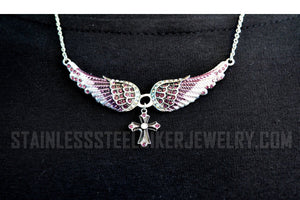 Heavy Metal Jewelry Ladies Purple Bling Angel Wing Filigree Cross Pendant Necklace Stainless Steel
