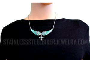 Small Jewelry Ladies Turquoise Bling Angel Wing Filigree Cross Pendant Necklace Stainless Steel