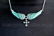 Small Jewelry Ladies Turquoise Bling Angel Wing Filigree Cross Pendant Necklace Stainless Steel