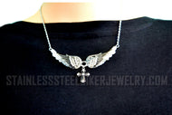 Heavy Metal Jewelry Ladies Black Bling Angel Wing Filigree Cross Pendant Necklace Stainless Steel SP2323