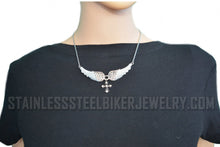 Load image into Gallery viewer, Heavy Metal Jewelry Ladies White Bling Angel Wing Filigree Cross Pendant Necklace Stainless Steel