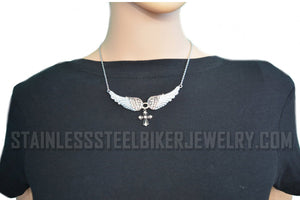 Heavy Metal Jewelry Ladies White Bling Angel Wing Filigree Cross Pendant Necklace Stainless Steel