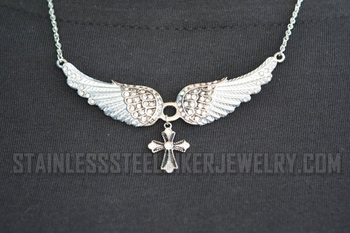 Heavy Metal Jewelry Ladies White Bling Angel Wing Filigree Cross Pendant Necklace Stainless Steel