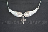 Heavy Metal Jewelry Ladies White Bling Angel Wing Filigree Cross Pendant Necklace Stainless Steel SP2324
