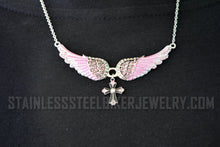 Load image into Gallery viewer, Heavy Metal Jewelry Ladies Pink Bling Angel Wing Filigree Cross Pendant Necklace Stainless Steel