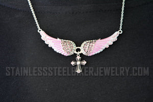 Heavy Metal Jewelry Ladies Pink Bling Angel Wing Filigree Cross Pendant Necklace Stainless Steel
