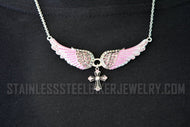 Heavy Metal Jewelry Ladies Pink Bling Angel Wing Filigree Cross Pendant Necklace Stainless Steel SP2325