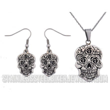 Load image into Gallery viewer, Biker Jewelry&#39;s Ladies Sugar Skull Pendant Stainless Steel Matching Earrings Set &amp; Necklace