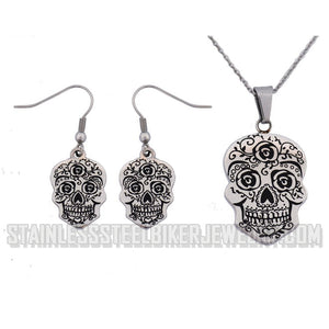 Heavy Metal Jewelry Ladies Sugar Skull Pendant Stainless Steel Matching Earrings Set & Necklace
