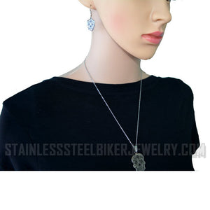 Biker Jewelry's Ladies Sugar Skull Pendant Stainless Steel Matching Earrings Set & Necklace