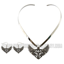 Load image into Gallery viewer, Heavy Metal Jewelry Ladies Flying Heart Pendant V-Cuff Necklace Stainless Steel Matching Earring Set