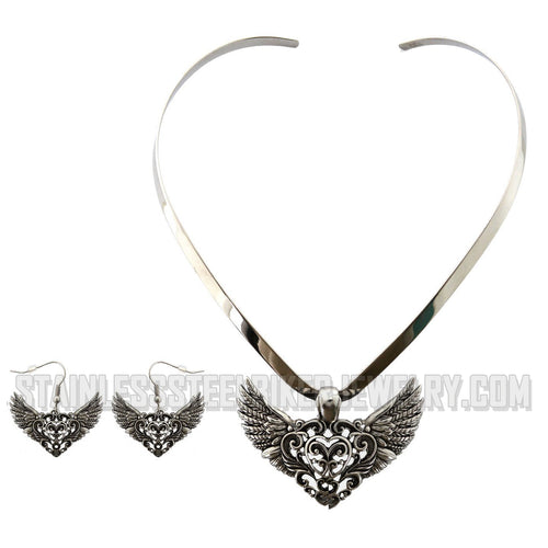 Heavy Metal Jewelry Ladies Flying Heart Pendant V-Cuff Necklace Stainless Steel Matching Earring Set