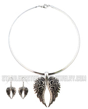Load image into Gallery viewer, Heavy Metal Jewelry Ladies Large Angel Wing Pendant Omega Chain Stainless Steel Matching Earring Set