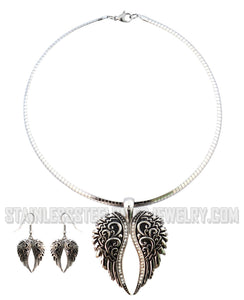 Heavy Metal Jewelry Ladies Large Angel Wing Pendant Omega Chain Stainless Steel Matching Earring Set