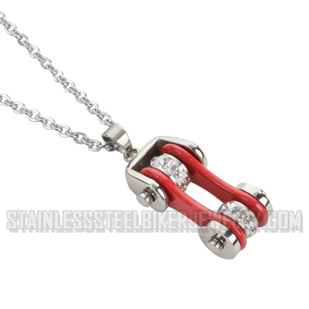 Heavy Metal Jewelry Ladies Motorcycle Bike Chain Stainless Steel Silver Red Crystal Bling Necklace