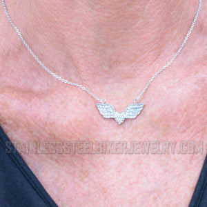 Biker Jewelry Ladies Bling Angel Wing Heart Pendant Necklace Stainless Steel
