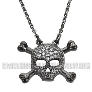 Heavy Metal Jewelry Ladies Small Black Skull Cross Bone Crystal Bling Pendant Necklace Stainless Steel