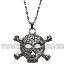 Load image into Gallery viewer, Ladies Big Black Skull Cross Bone Crystal Bling Pendant Necklace Stainless Steel