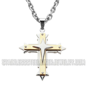 Heavy Metal Jewelry 2.5 Inch Triple Layer Cross Pendant Necklace Stainless Steel Religious Jewelry