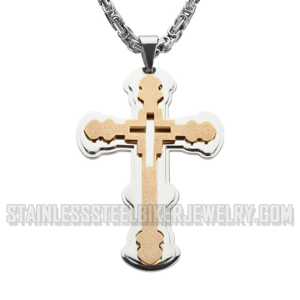 Heavy Metal Jewelry 4 Inch Triple Layer Cross Pendant 7mm Necklace Stainless Steel Religious Jewelry