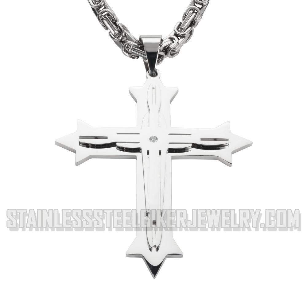 Heavy Metal Jewelry Triple Layer Cross Pendant Necklace Stainless Steel Religious Jewelry