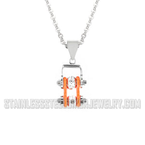 Heavy Metal Jewelry Ladies Mini Bike Chain Pendant Necklace Stainless Steel Chrome/Orange