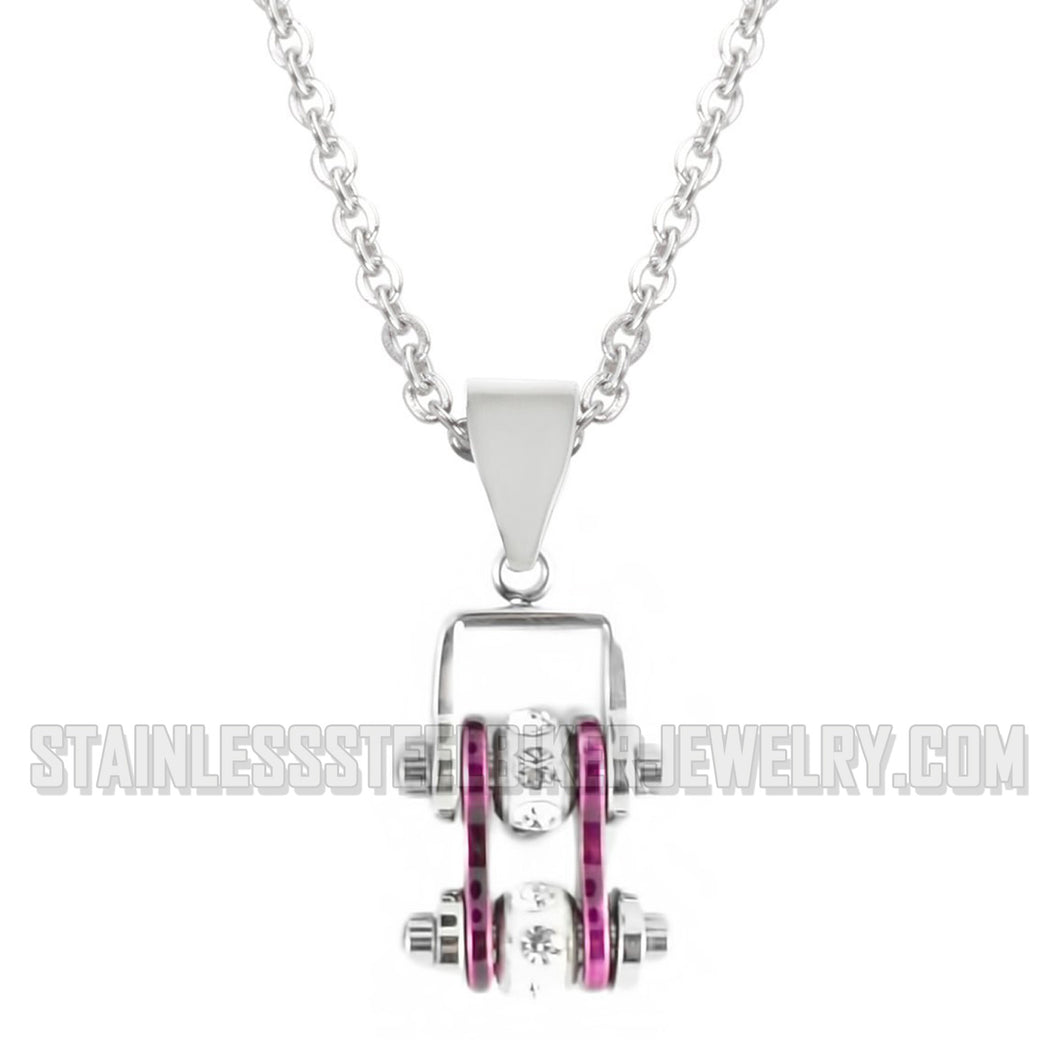 Heavy Metal Jewelry Ladies Mini Bike Chain Pendant Necklace Stainless Steel Chrome/Candy Purple SP2003N