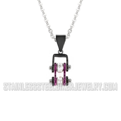 Heavy Metal Jewelry Ladies Mini Motorcycle Bike Chain Pendant Necklace Stainless Steel Black/Candy Purple SP2009N