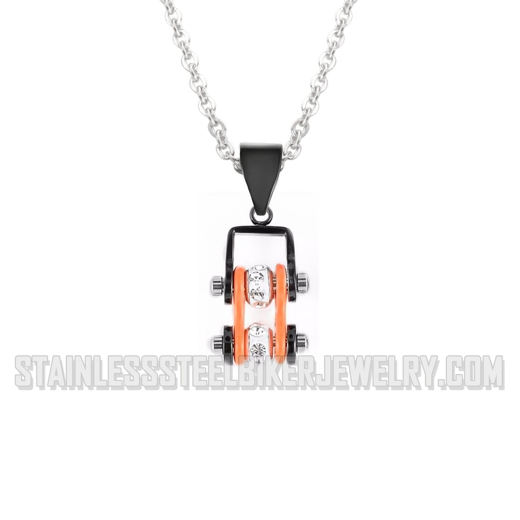 Heavy Metal Jewelry Ladies Mini Bike Chain Pendant Necklace Stainless Steel Black/Orange