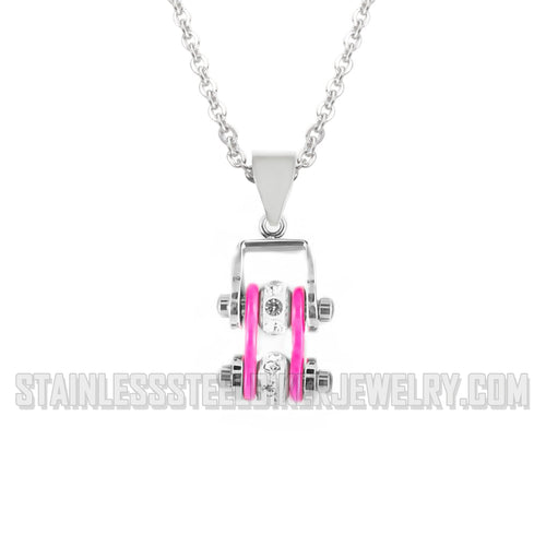 Heavy Metal Jewelry Ladies Mini Motorcycle Bike Chain Pendant Necklace Stainless Steel Chrome/Hot Pink