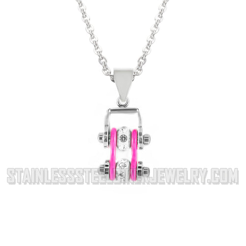 Heavy Metal Jewelry Ladies Mini Motorcycle Bike Chain Pendant Necklace Stainless Steel Chrome/Hot Pink SP2018N