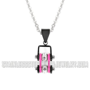 Biker Jewelry Ladies Mini Bike Chain Pendant Necklace Stainless Steel Black & Lively Pink SP89