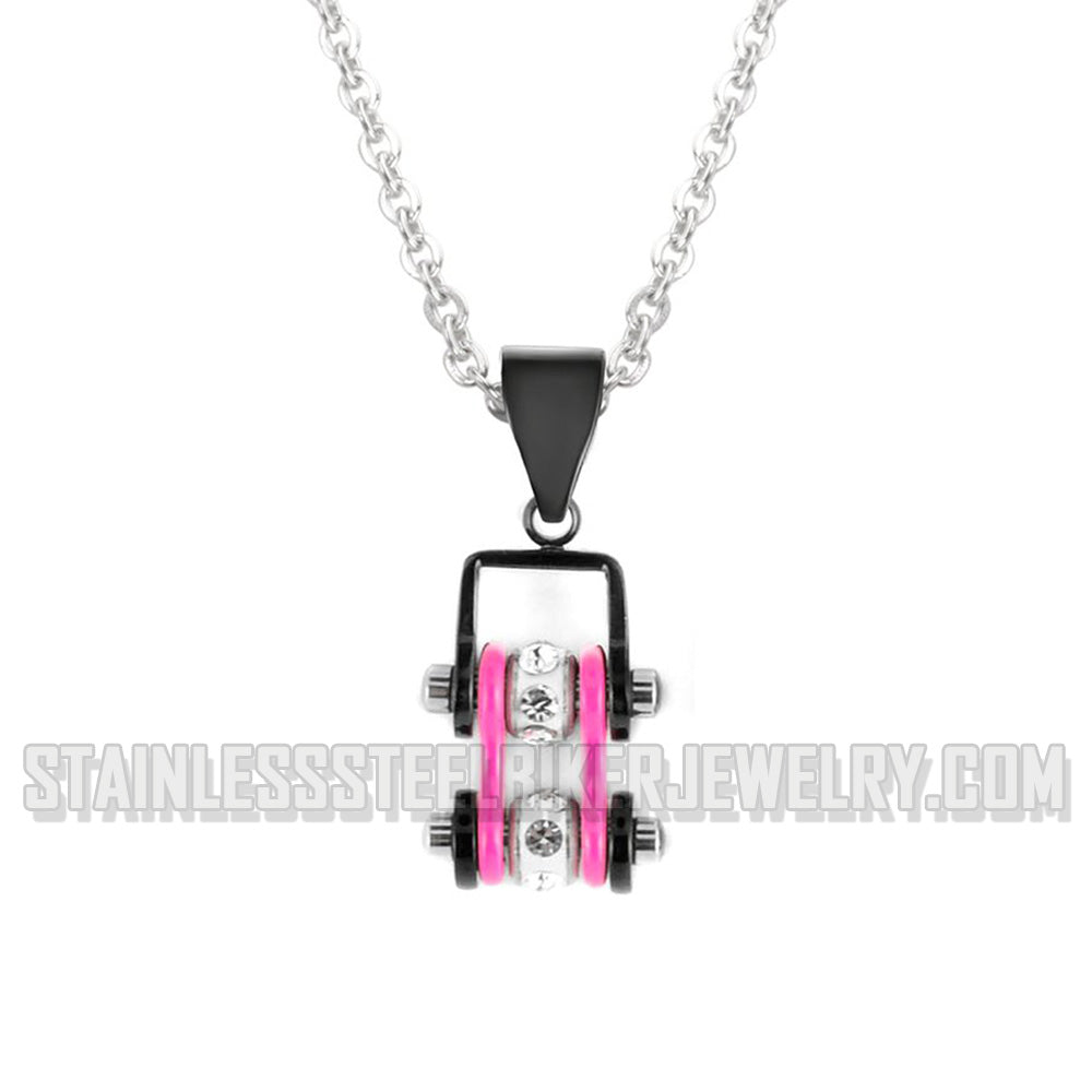 Heavy Metal Jewelry Ladies Mini Bike Chain Pendant Necklace Stainless Steel Black/Hot Pink