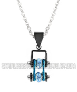 Heavy Metal Jewelry Ladies Mini Motorcycle Bike Chain Pendant Necklace Stainless Steel Chrome/Candy Blue