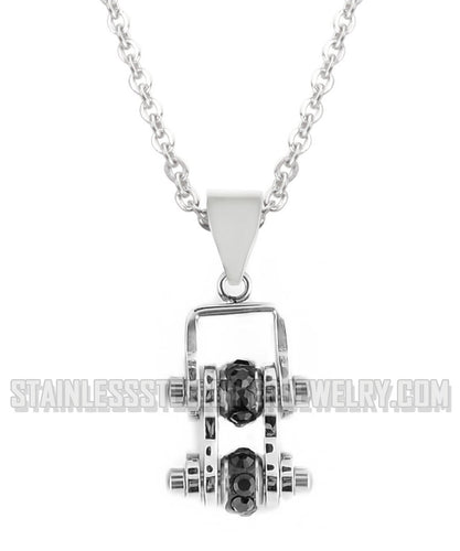 Heavy Metal Jewelry Ladies Mini Motorcycle Bike Chain Pendant Necklace Stainless Steel Chrome/Black Crystals