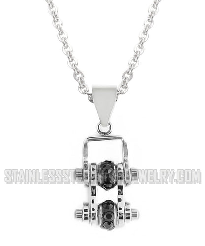 Heavy Metal Jewelry Ladies Mini Motorcycle Bike Chain Pendant Necklace Stainless Steel Chrome/Black Crystals SP2206N