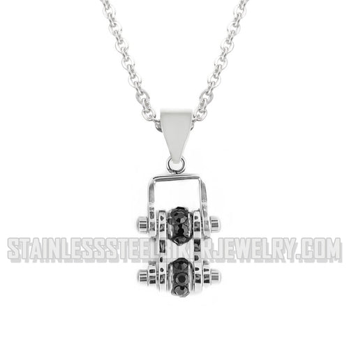 Heavy Metal Jewelry Ladies Mini Bike Chain Pendant Necklace Stainless Steel All Silver Black Stone Crystals