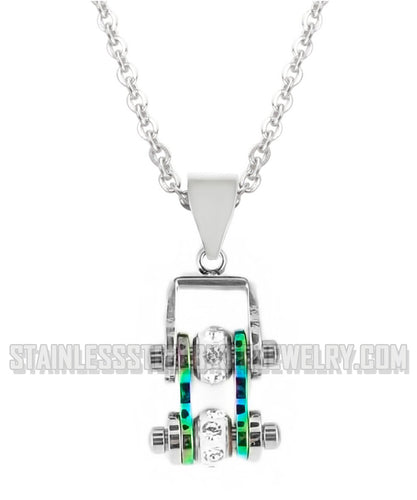 Heavy Metal Jewelry Ladies Mini Bike Chain Pendant Necklace Stainless Steel Chrome/Rainbow