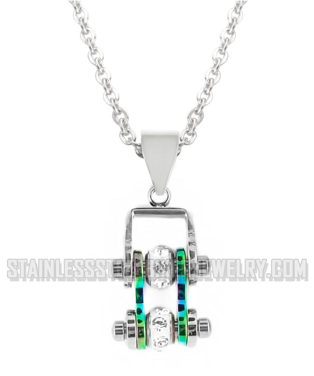 Heavy Metal Jewelry Ladies Mini Bike Chain Pendant Necklace Stainless Steel Chrome/Rainbow
