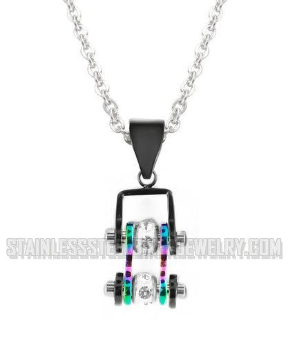 Heavy Metal Jewelry Ladies Mini Bike Chain Pendant Necklace Stainless Steel Black/Rainbow