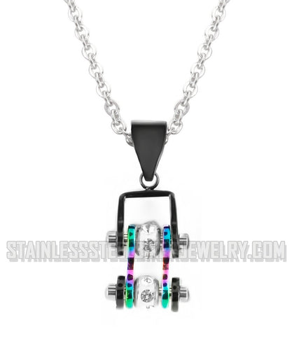 Heavy Metal Jewelry Ladies Mini Bike Chain Pendant Necklace Stainless Steel Black/Rainbow SP2208N