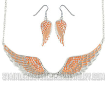 Load image into Gallery viewer, Heavy Metal Jewelry Ladies Orange Bling Angel Wing Pendant Necklace/Earring Set Stainless Steel