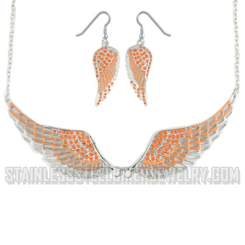 Heavy Metal Jewelry Ladies Orange Bling Angel Wing Pendant Necklace/Earring Set Stainless Steel