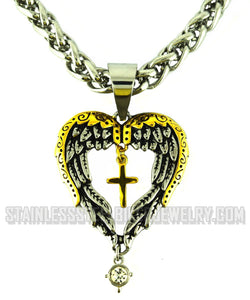 Heavy Metal Jewelry Winged Heart Cross Pendant Necklace Stainless Steel Religious Jewelry