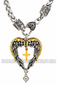 Ladies Angel Wing Heart Pendant Religious Cross Stainless Steel