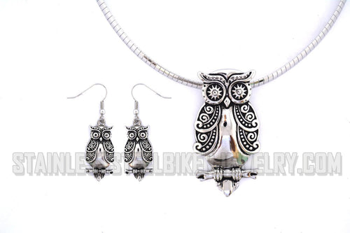 Heavy Metal Jewelry Ladies Owl Pendant Necklace Matching Earrings Set Stainless Steel