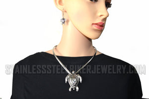 Heavy Metal Jewelry Ladies Turtle Pendant V-Cuff Necklace Stainless Steel Matching Earring Set