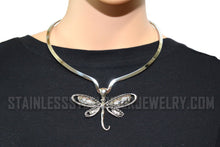 Load image into Gallery viewer, Heavy Metal Jewelry Ladies Dragonfly Pendant V-Cuff Necklace Stainless Steel Matching Earring Set
