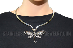 Heavy Metal Jewelry Ladies Dragonfly Pendant V-Cuff Necklace Stainless Steel Matching Earring Set